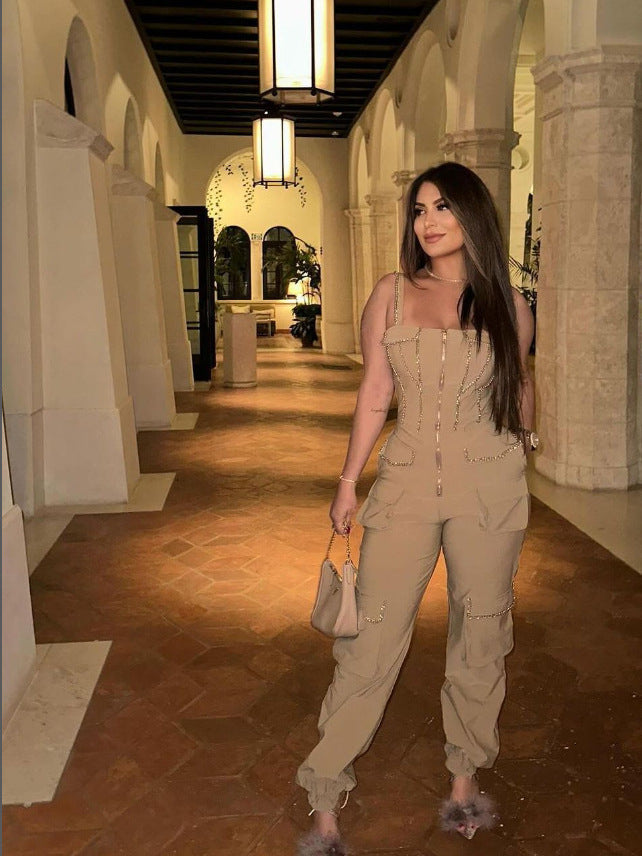 Women Strapless Zipper Pocket Jumpsuit