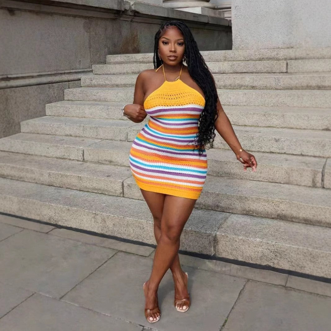 Rainbow Summer Stripes Sleeveless Sexy Low Back Knitting Dress