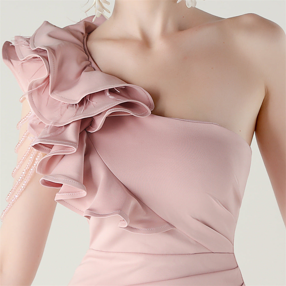 Women One-Shoulder Beaded Wool and Floral Satin Slit Sexy Evening Dress 65