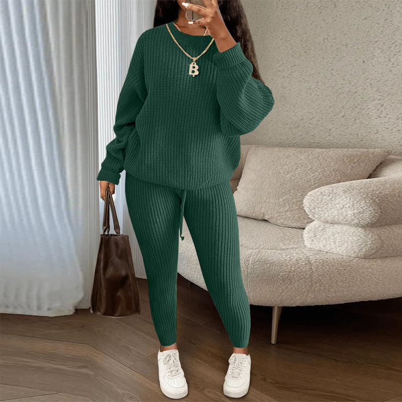 Fashion Casual Knitting Two Piece Pants Set Solid Long Sleeve Loose Sweater Trouser Suits Women's Clothing 7