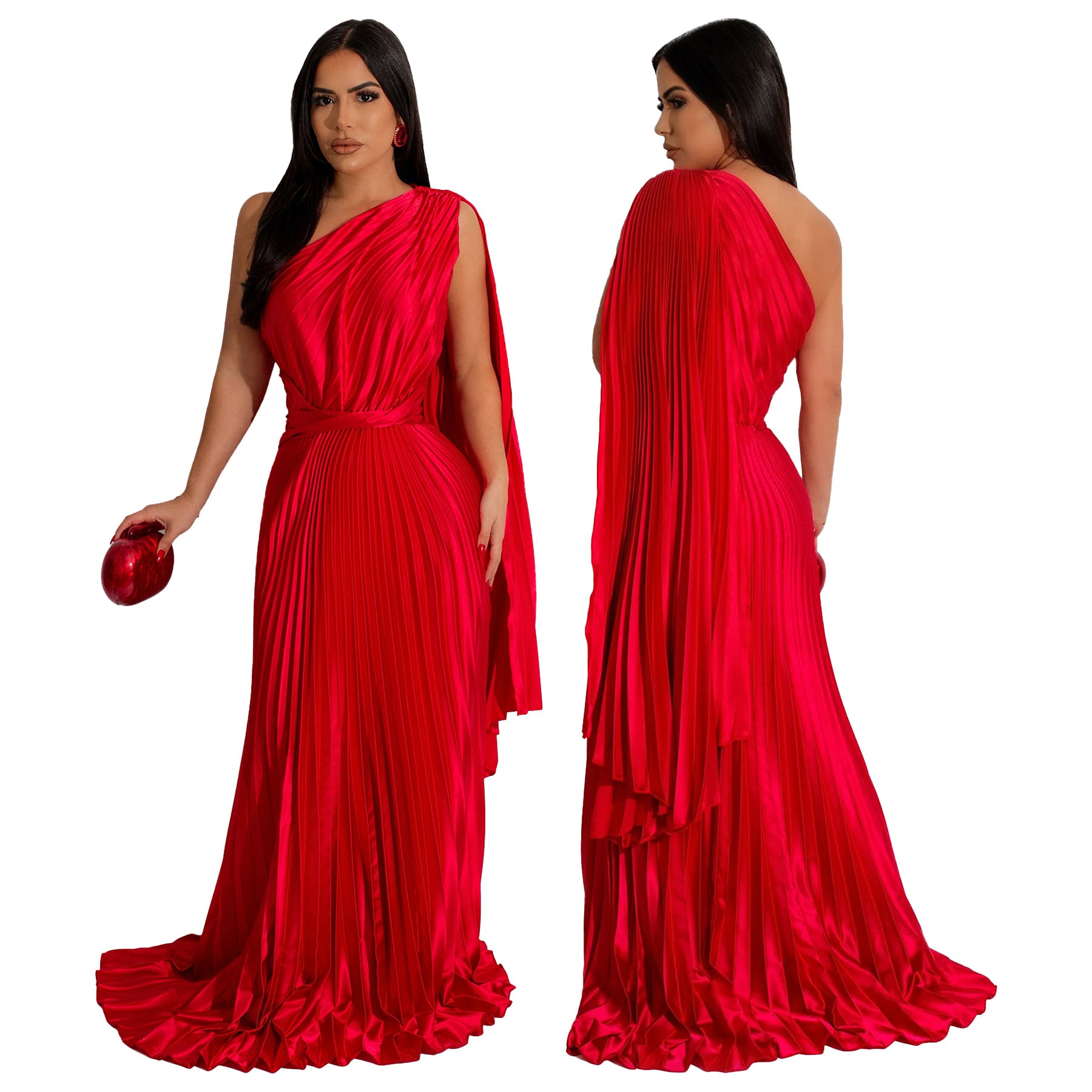 Women one-shoulder pleated Slash Shoulder dress 3