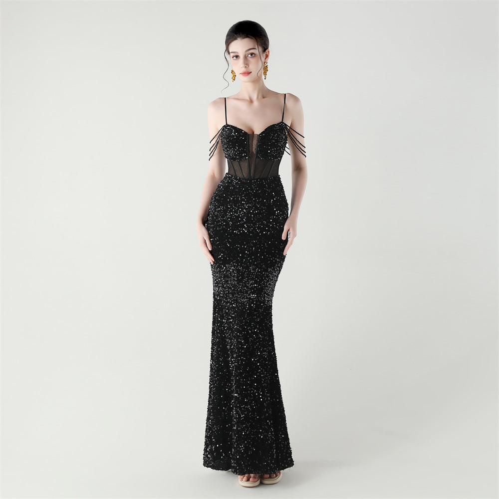 Women herringbone Lace-Up wrapped chest formal Formal Party sequined evening dress 7
