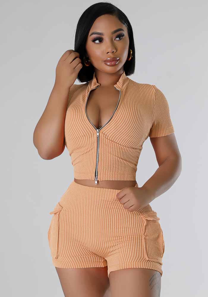 Female Fashion Two-Way Zipper Casual Solid Color Short Sleeve Two Piece Shorts Set 5