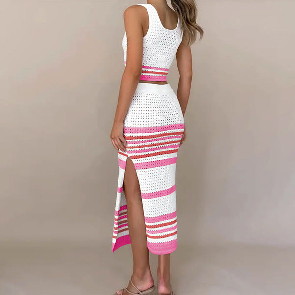 Women Contrast Color Striped Tank Top and Skirt Two-piece Set 8