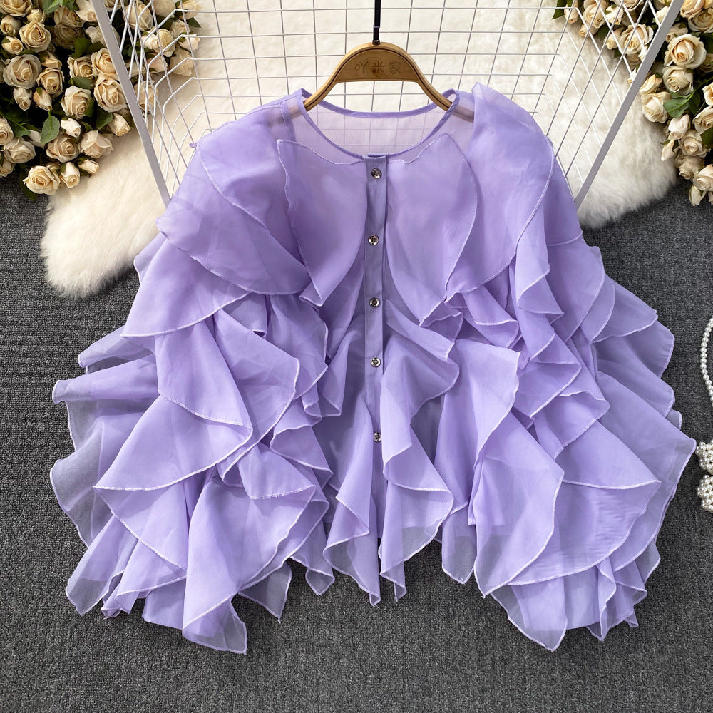 Women Round Neck Irregular Lotus Long Sleeve Casual Top Shirt 12