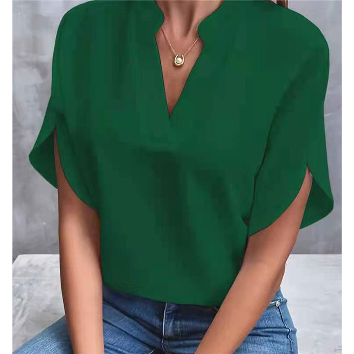 Summer V-Neck Shirt Women Solid Color Casual Short-Sleeved Pullover Blouse 7