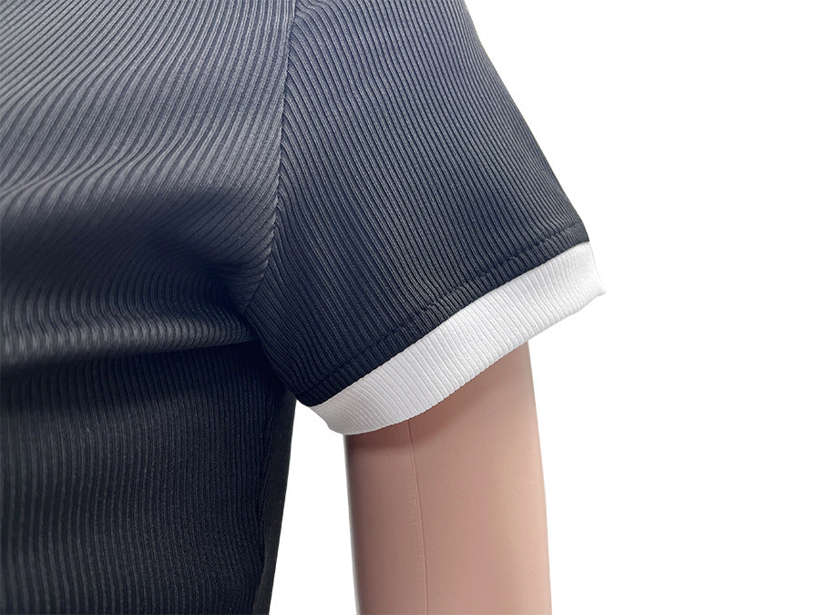 Spring Summer Style Round Neck Contrast Color Short Sleeve Top Women's Fashion Casual Wide Leg Pants Sports Two Piece Set 18