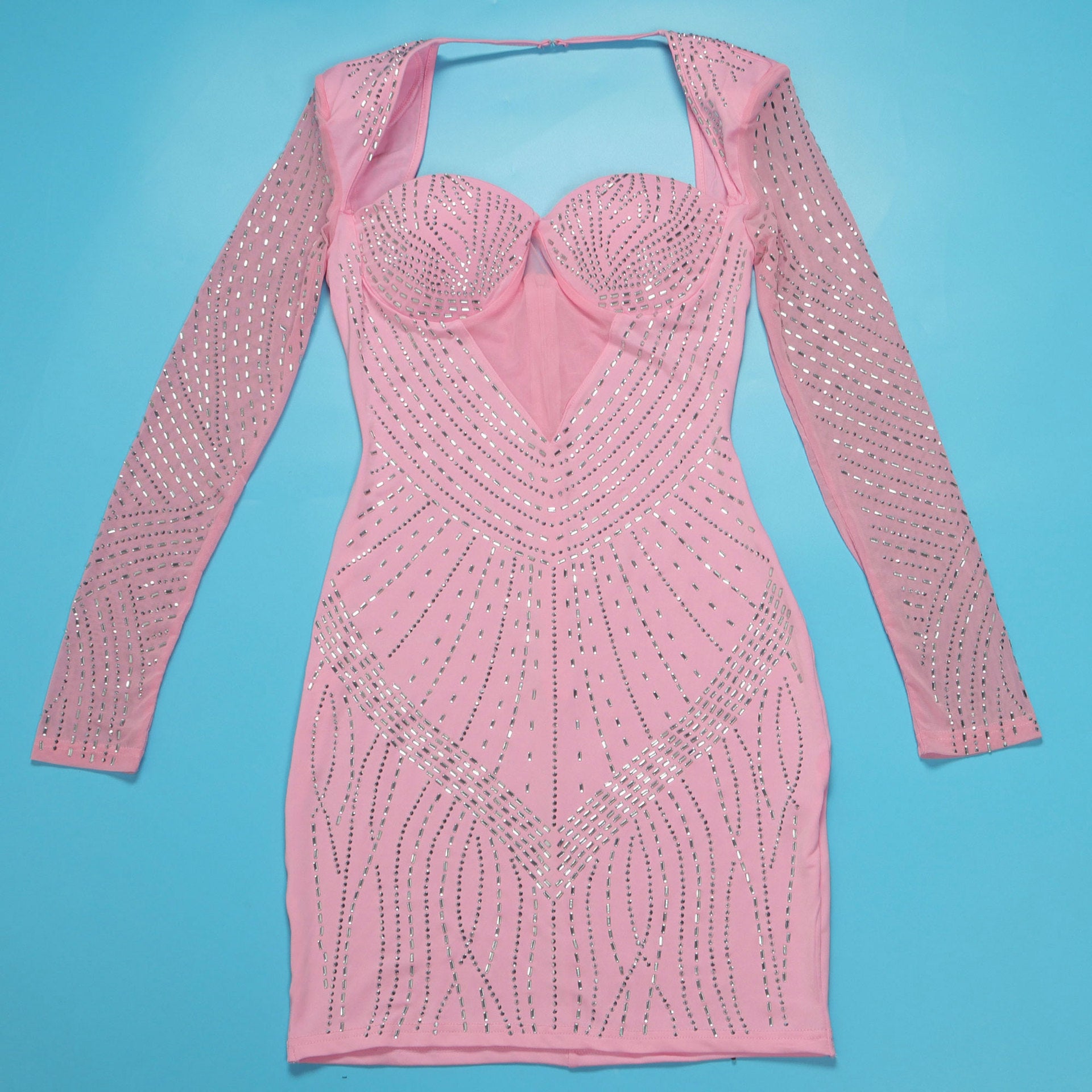 Women Sexy Long Sleeve Beaded Backless Hollow Solid Dress 28