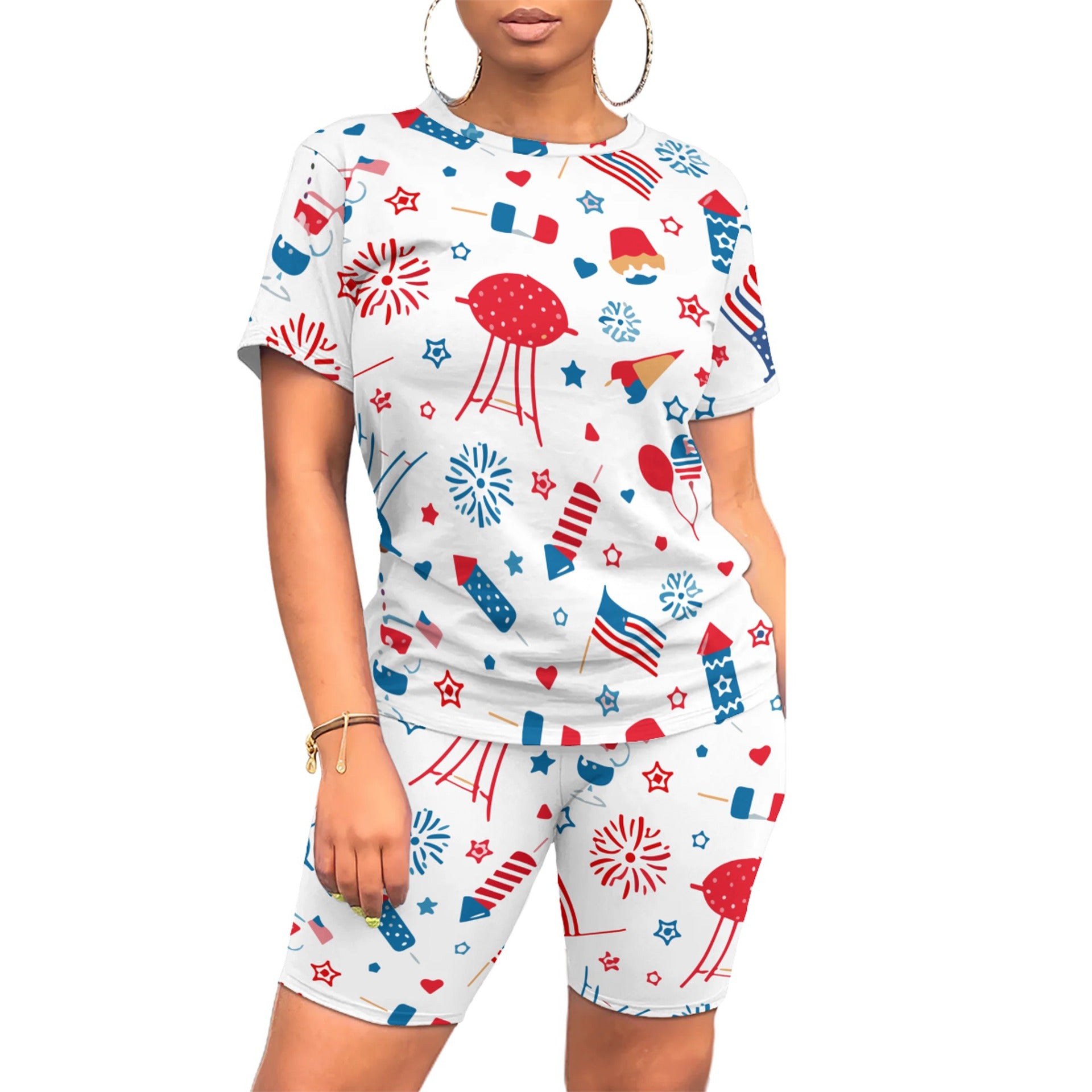 American Flag Print Fashion Casual Women's Short Sleeve T-Shirt Shorts Two Piece Set 18