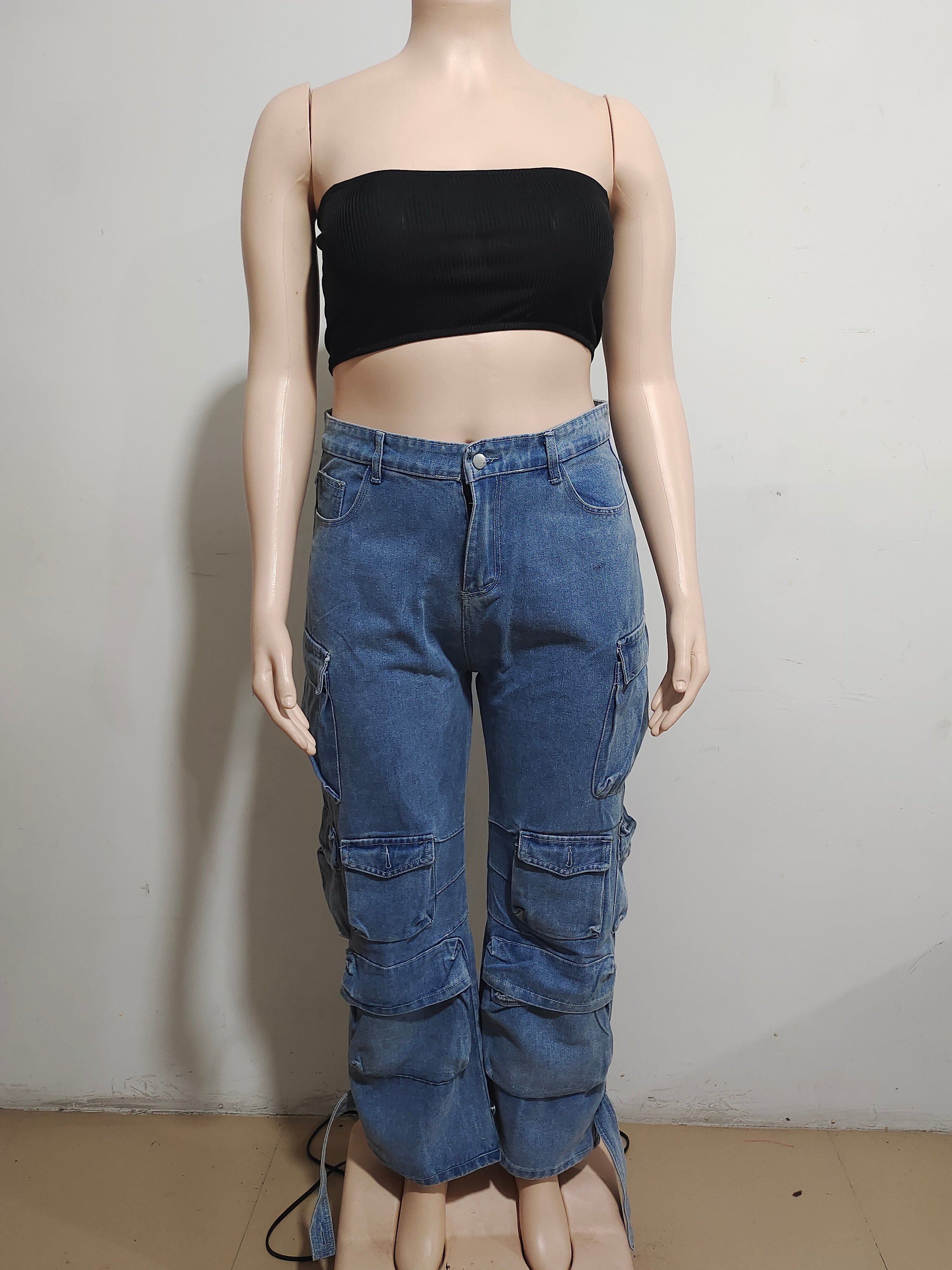 Trendy Multi Pocket Denim Pants Wash Cargo Pants Jeans 14