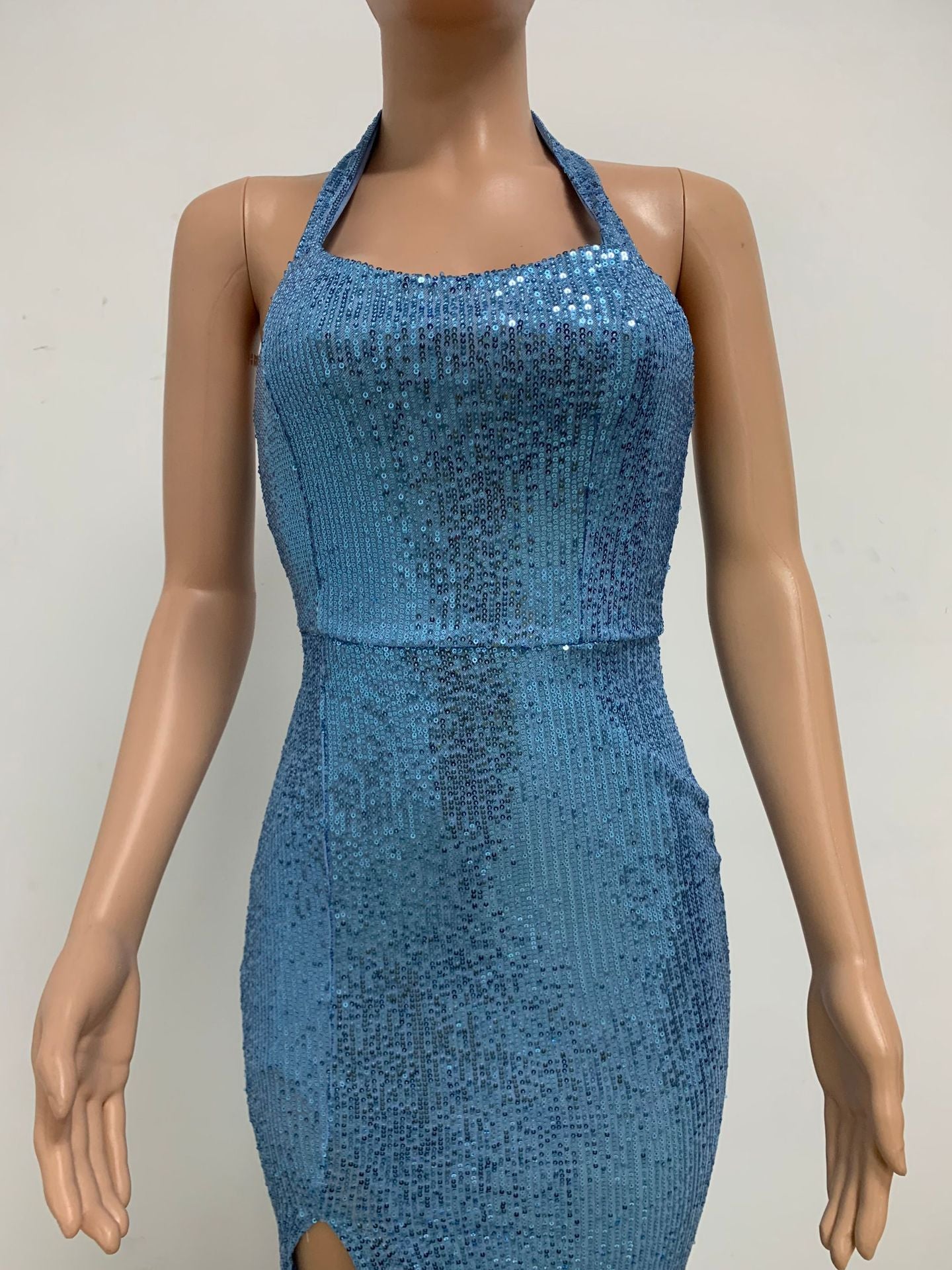 Women Sleeveless Halter Neck Backless Sequin Slit Evening Dress 68