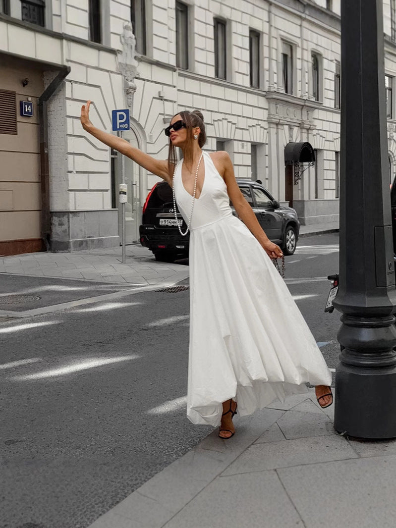 White Sexy Sleeveless Halter Neck Dress Fashion A-Line Maxi Dress for Women 6