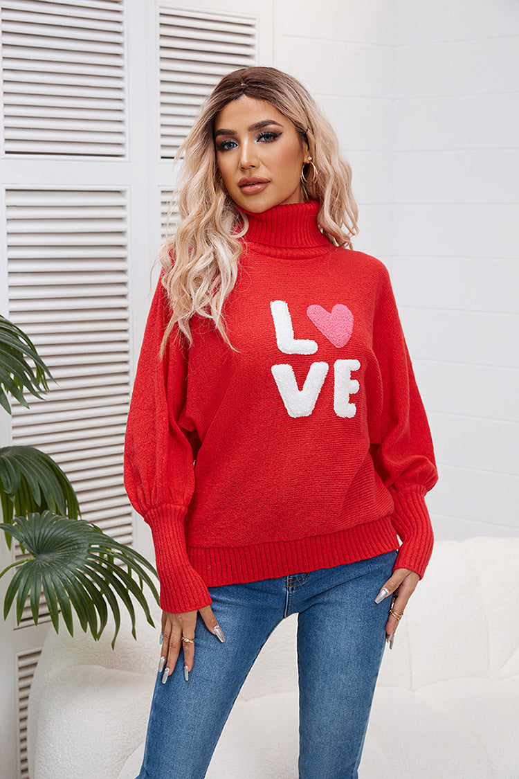 Women red high-neck Bat Sleeves sweater 3