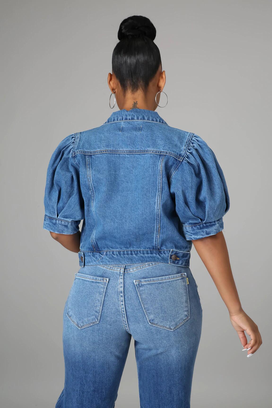 Fashion Button Up Short Sleeve Half Puff Sleeve Women Denim Jacket 6