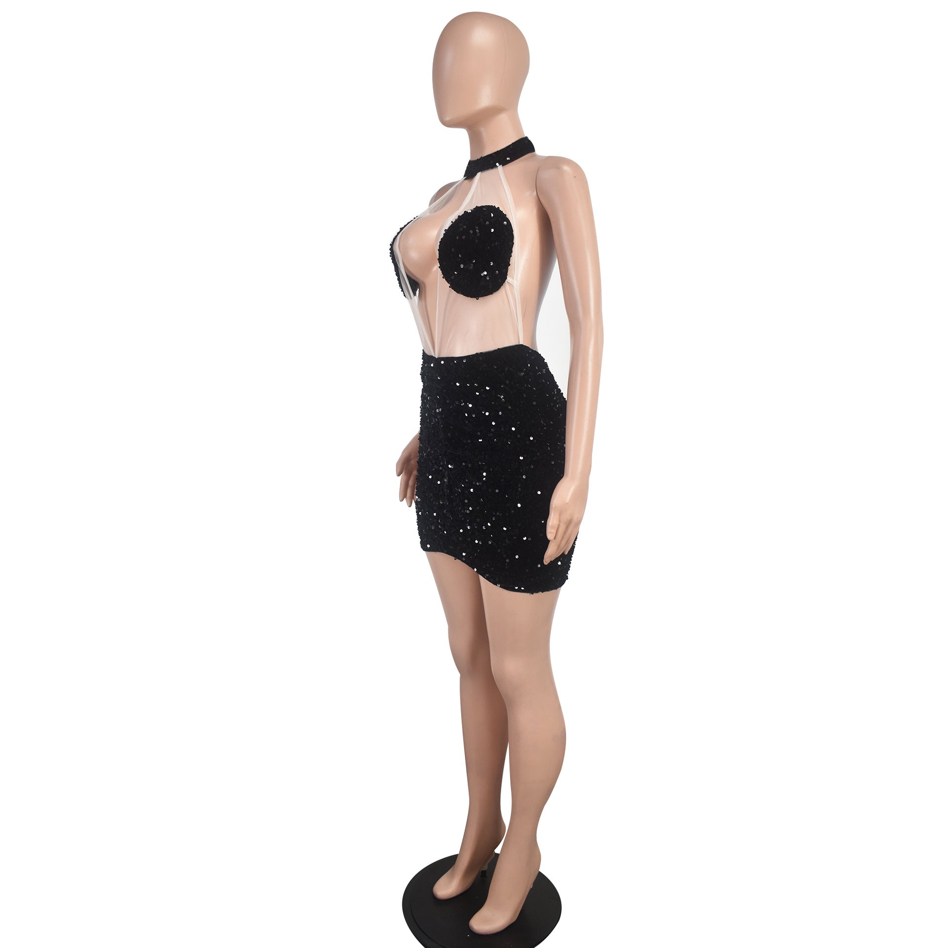 Fashion Women's Sexy Mesh Sequin Halter Neck Sleeveless Bodycon Nightclub Dress 8