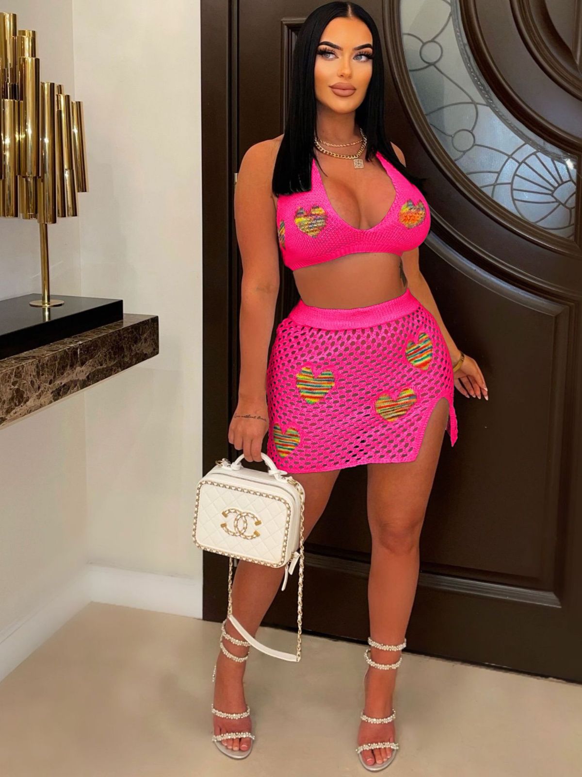 Women's Sexy Heart Print Jacquard Hollow Knitting Beach Fashion Two Piece Skirt Set 5