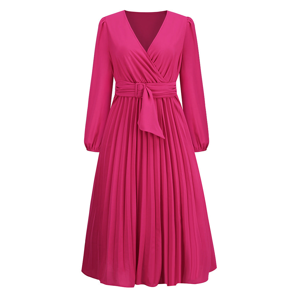 Women Long-Sleeved Pleated Belt V-Neck Dress 12