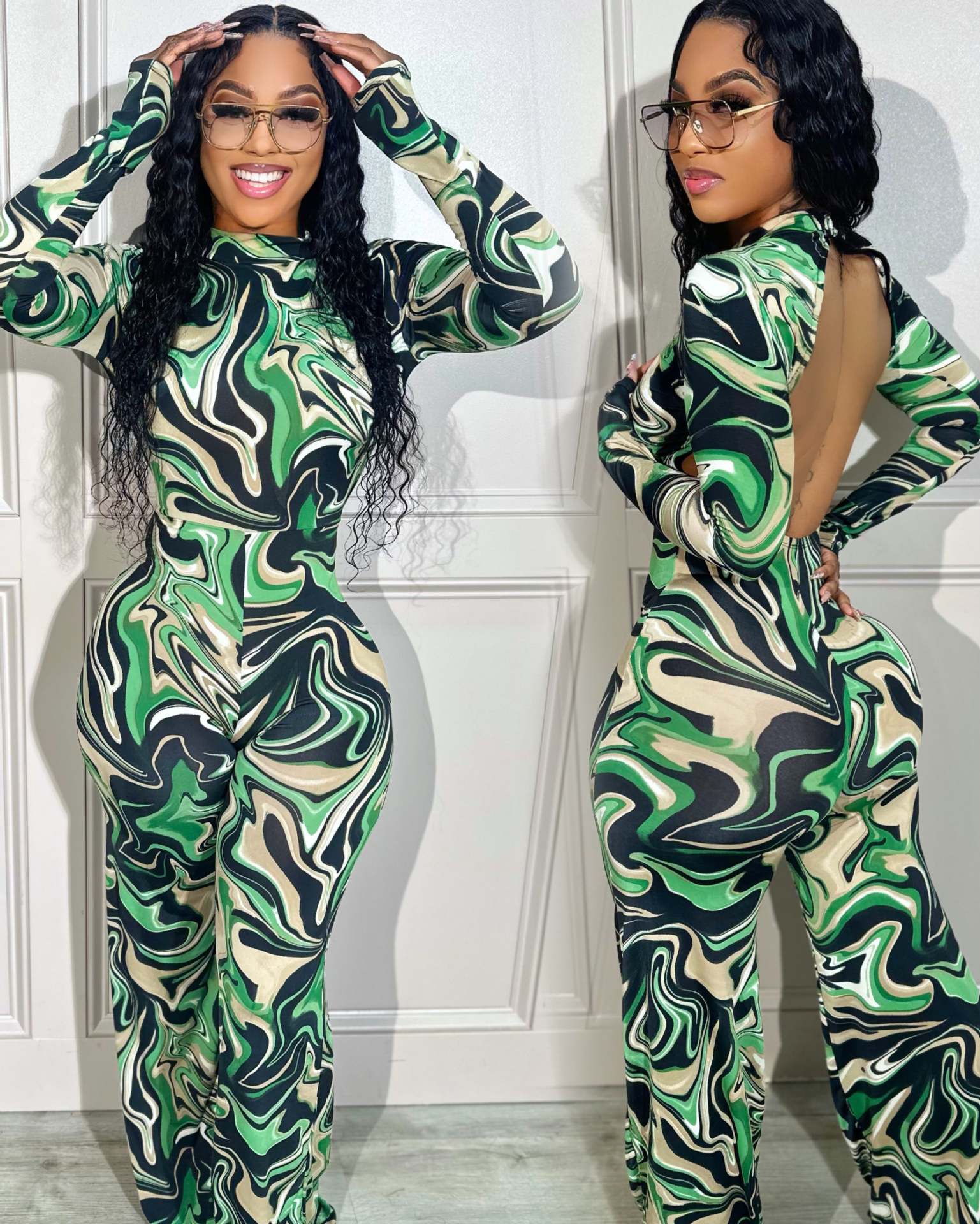 Women sexy backless print long sleeve jumpsuit 3