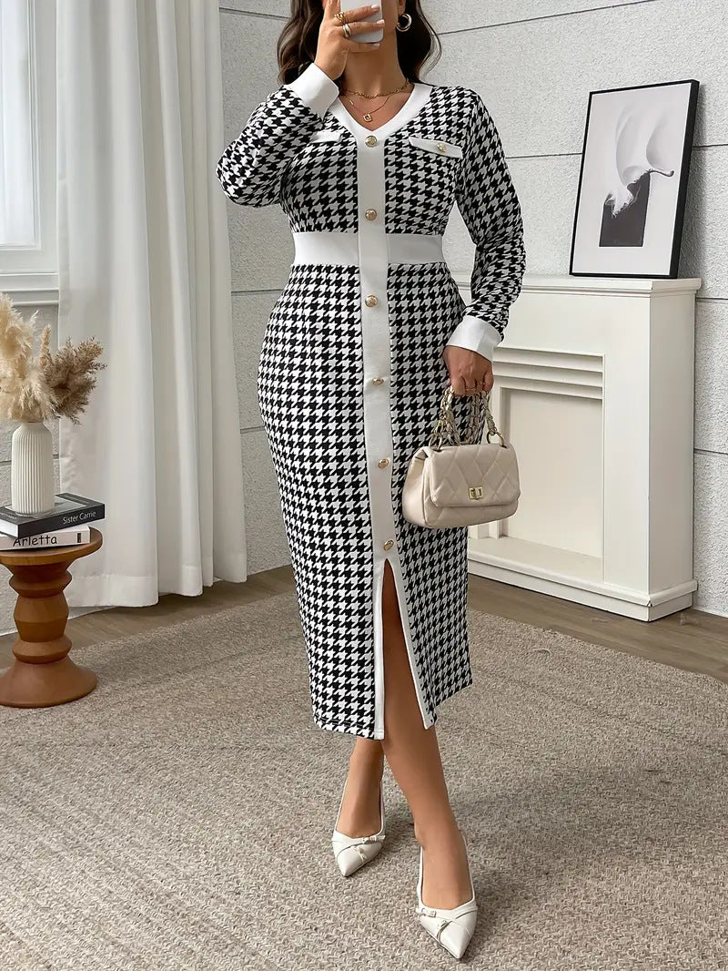 Plus Size Women Casual Long Sleeve Contrast Houndstooth Print Dress 5