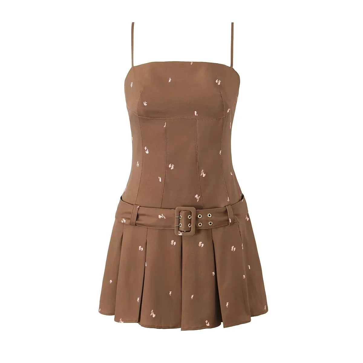 Women Summer French sexy belted pleated printed suspender dress 6