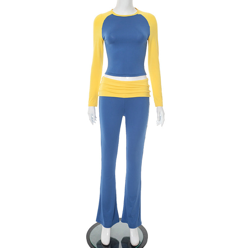 Women Contrast Raglan Long Sleeve Top and Folded Flared Trousers Two-Piece Set 18