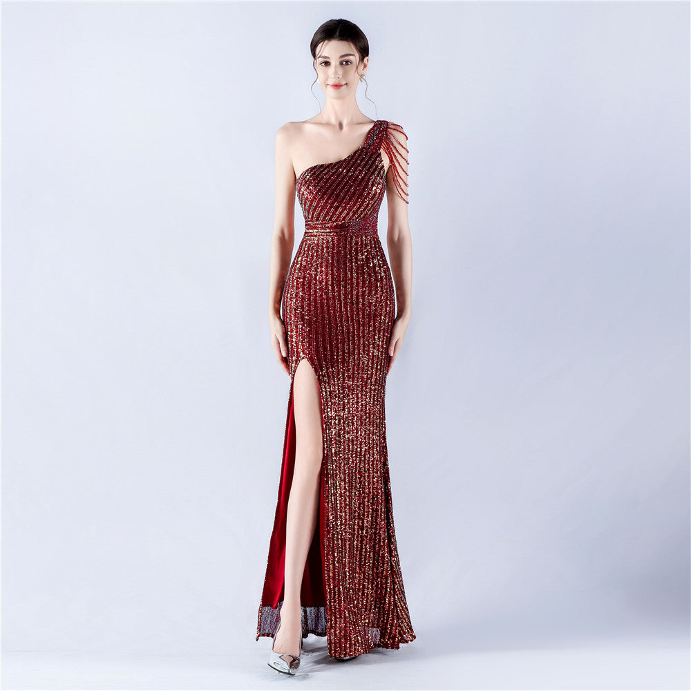 Women Beaded One Shoulder Slash Shoulder Split sequined evening dress 4
