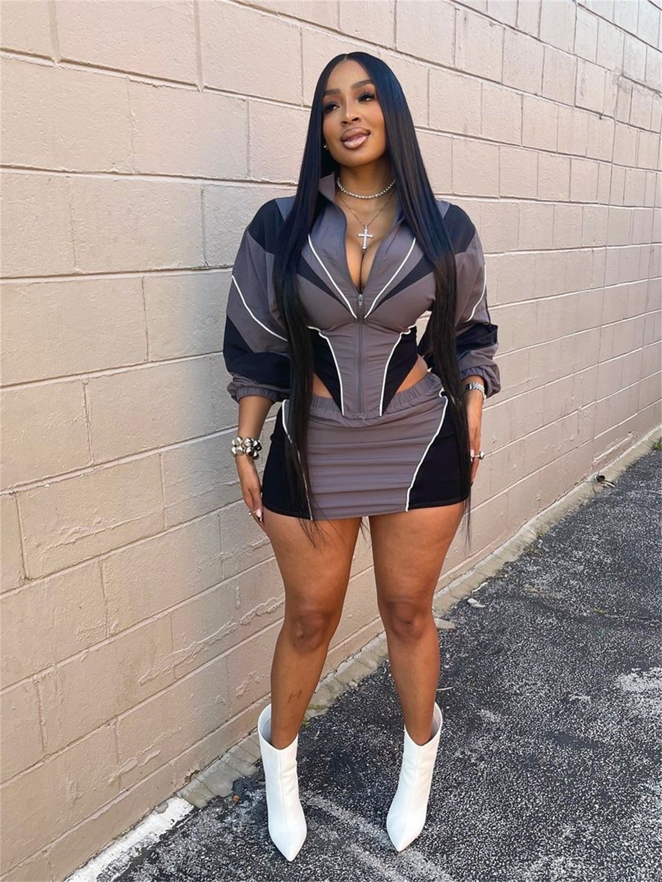 Autumn Sexy Sports Style Loose Casual Contrast Color Long Sleeve Jacket Short Skirt Women Two Piece Set 9