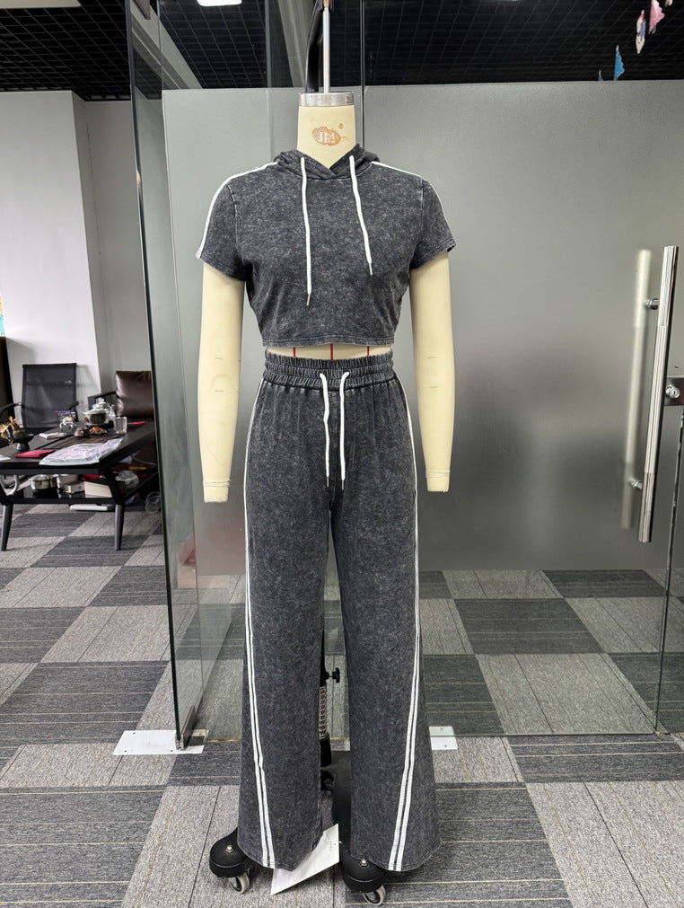 Sexy Casual Elastic Hooded Short Sleeve Two-Piece Pants Set 14