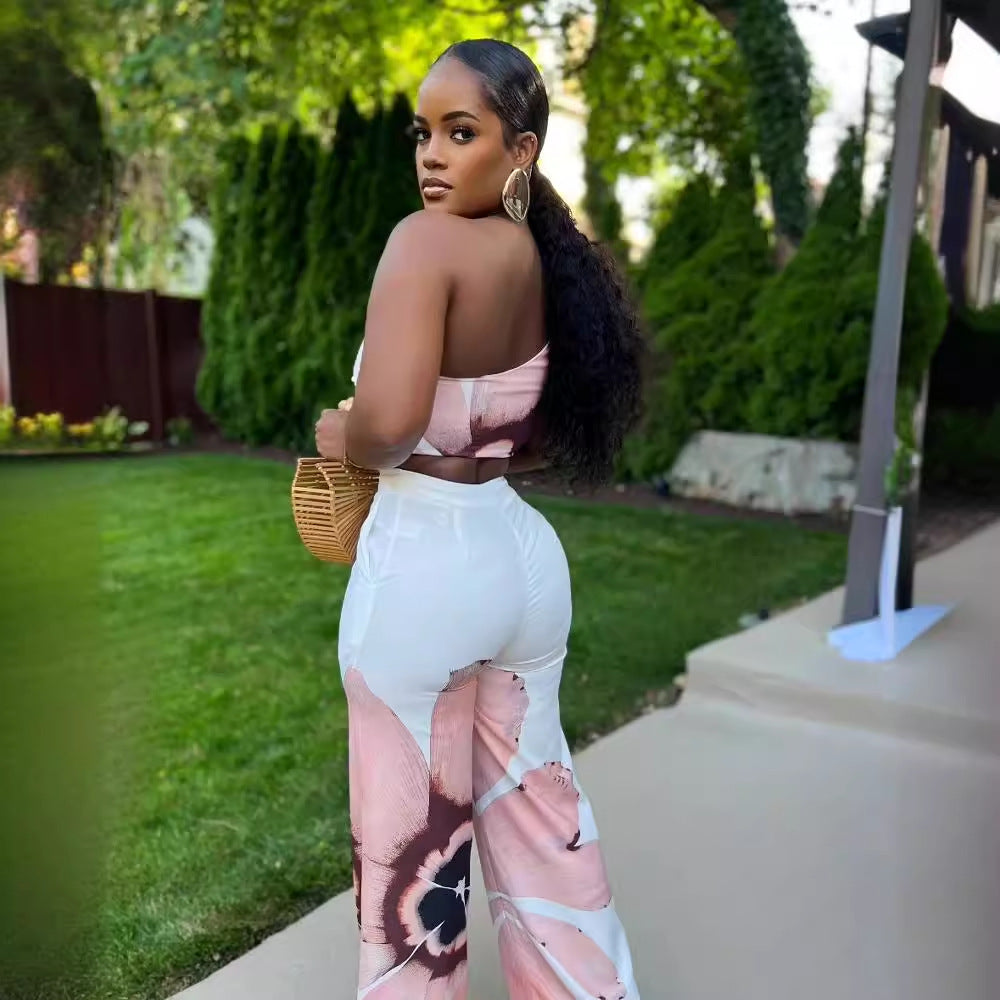 Printed One-Shoulder Top Slim Wide-Leg Pants Two-Piece Set 6