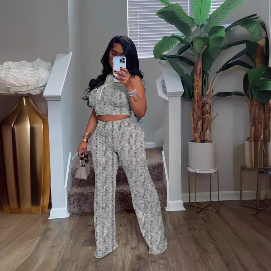 Women's Summer Sleeveless Printed Tank Top Wide-Leg Trousers Two-Piece Set 7