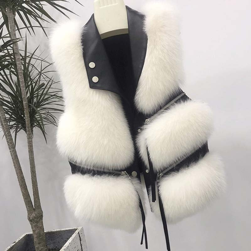 Autumn Winter Fox Fur Vest Turndown Collar Zipper Short Patchwork Faux Fur Fashion Sleeveless Coat 5