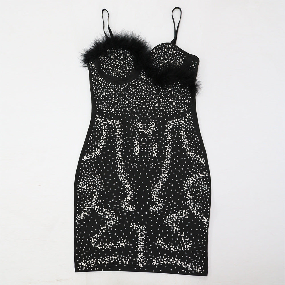 Sexy Strap Patchwork Plush Christmas Party Beaded Dress 13