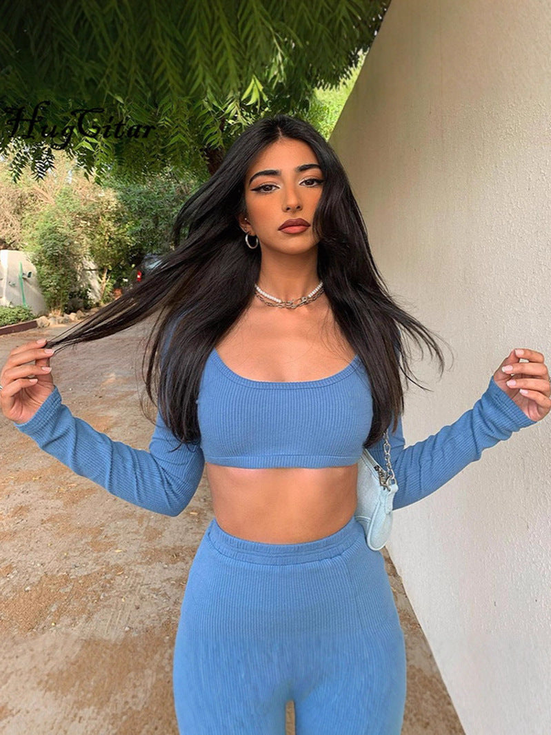 Fashion Women's Rib Long Sleeve Camisole Top Sexy Slit Tight-Fitting Bodycon Short Skirt Set 7