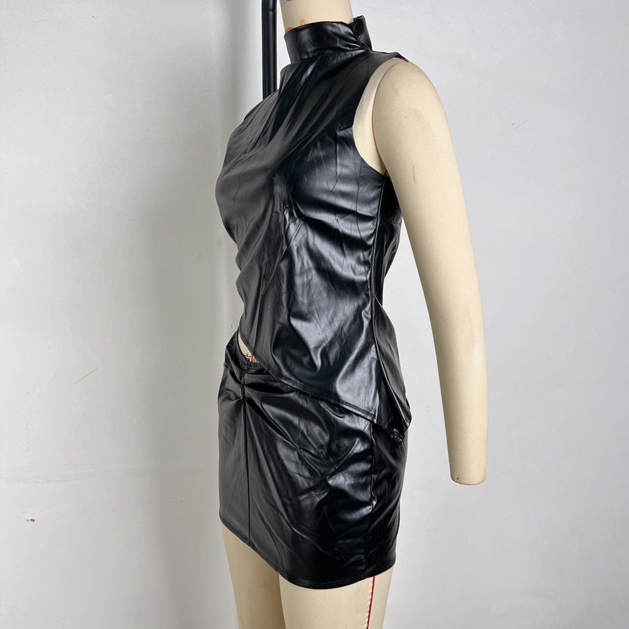 Women Summer Black Pu-Leather Stand Collar Sleeveless Pleated Irregular Top and Bodycon Skirt Two-Piece Set 7