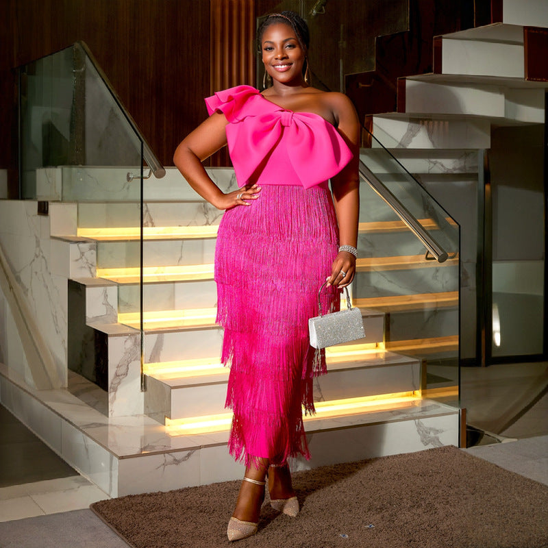 Elegant Solid Color Slash Shoulder Big Bow Fringe Formal Party Dress