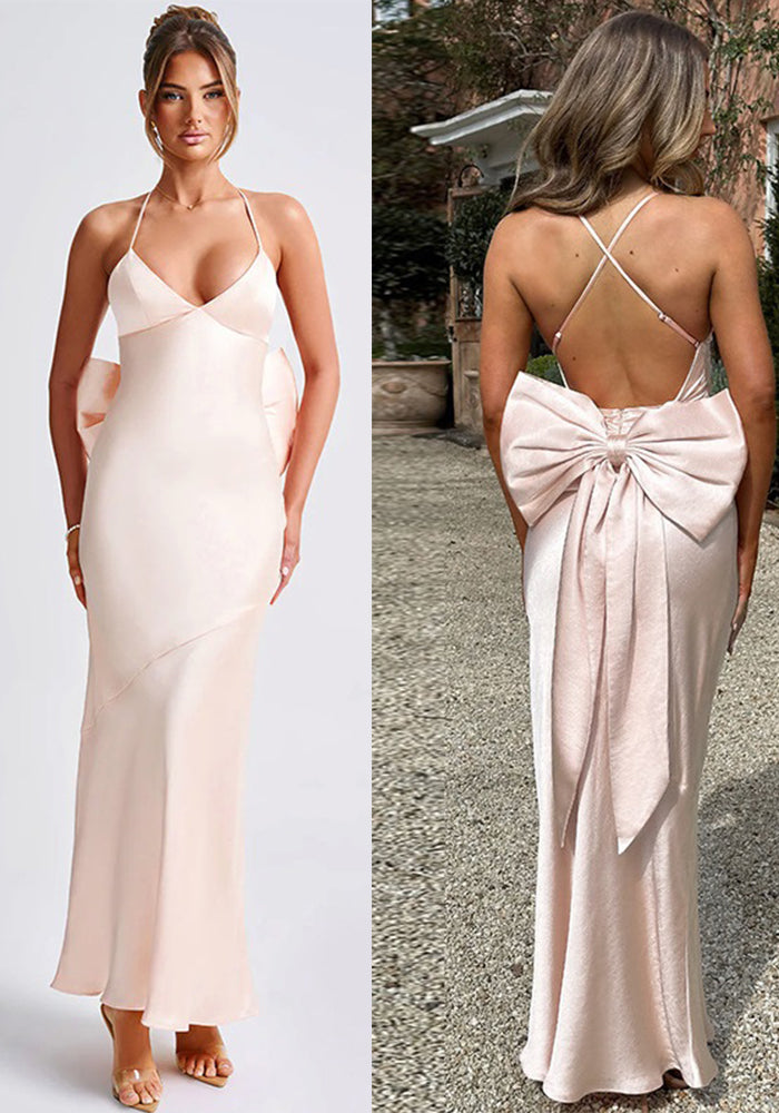 Autumn Chic Sexy Satin Strap Bow Long Dress