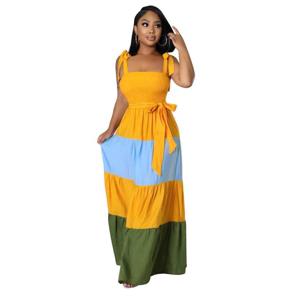 Women Summer Contrast Sleeveless Lace-Up Corset Strap Maxi Dress 4