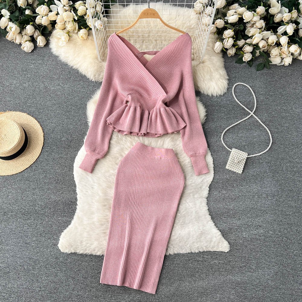 Autumn And Winter Style Suit For Women V-Neck Ruffled Short Knitting Shirt Bodycon Skirt Two-Piece Set 14
