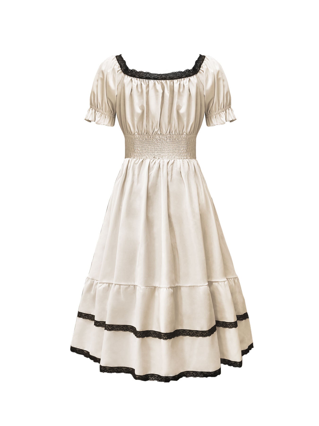 Women Summer Puff Short Sleeve Slim Fit Retro Chic A-Line Midi Dress 3