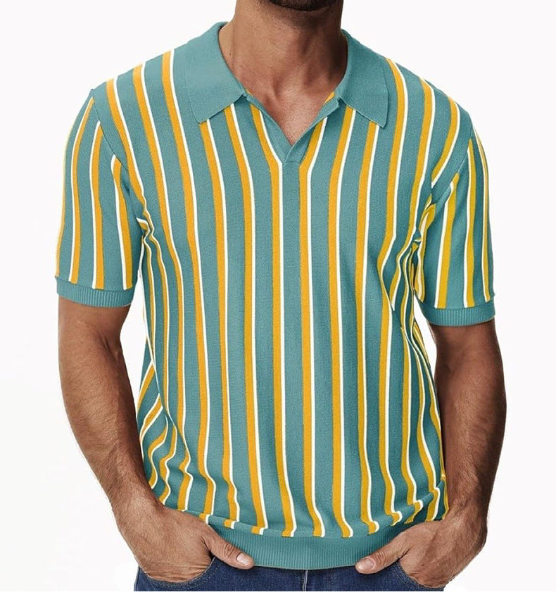 Men's Summer Turndown Collar Chic Striped Knitting polo Shirt Short Sleeve Tops