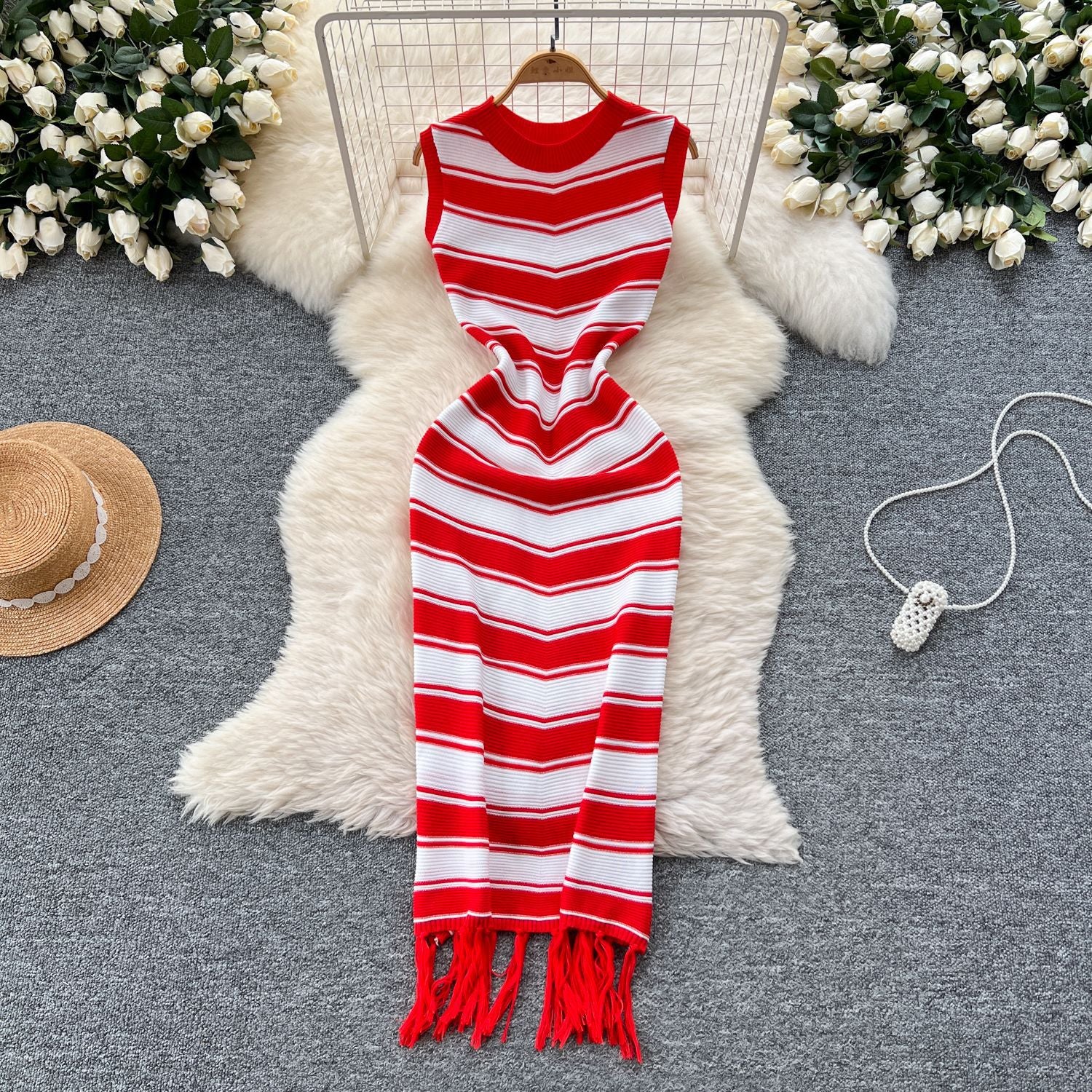 Summer Slim Round Neck Sleeveless Color Matching Striped Knitting Bodycon Tassel Dress 6