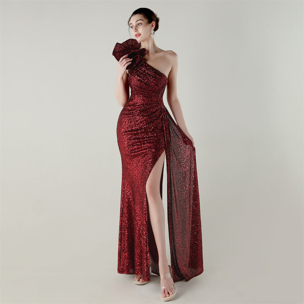 Women one-shoulder sequined flower beaded fishtail evening dress 7