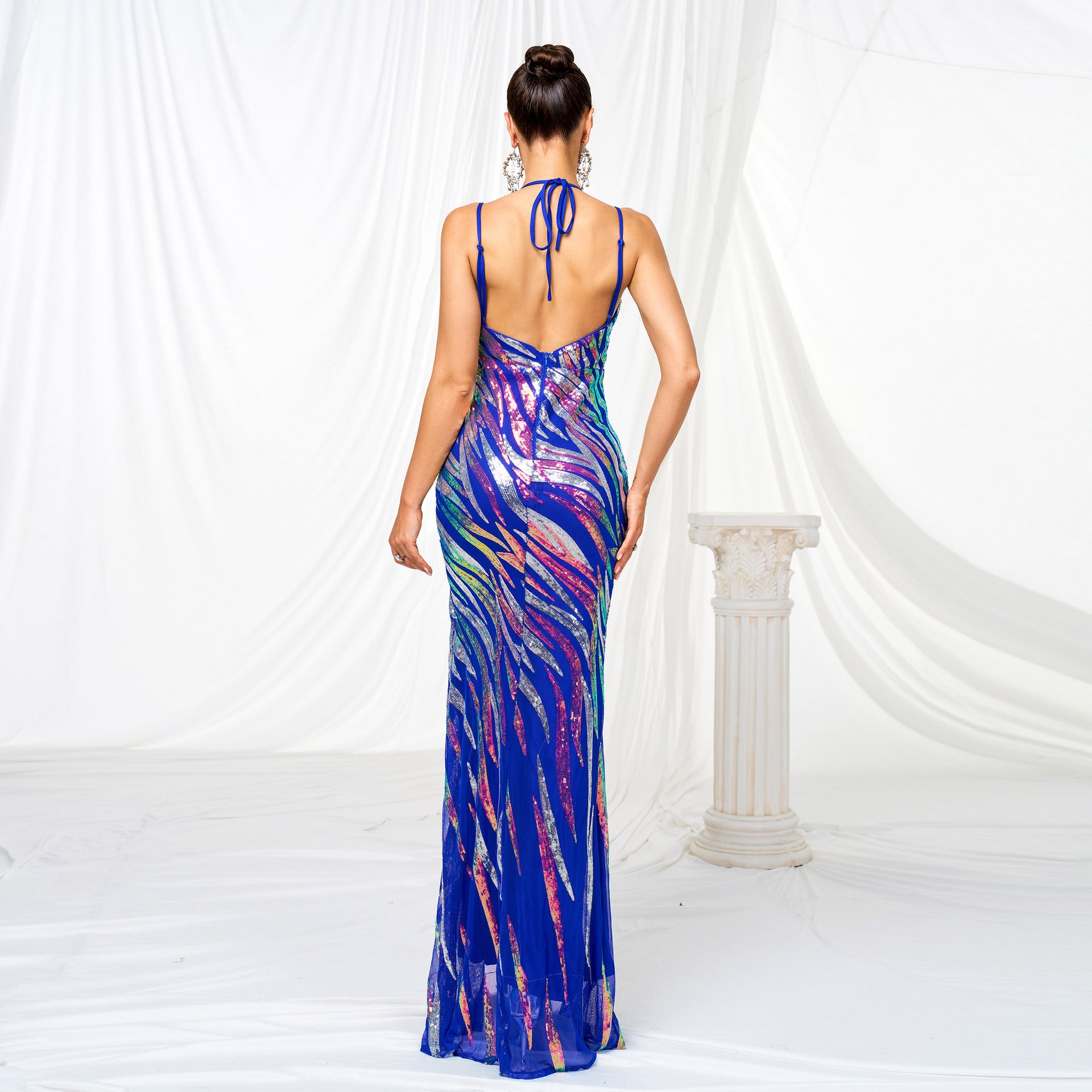 Sleeveless Halter Neck strap Formal Party Sequin Slit Evening Dress 4