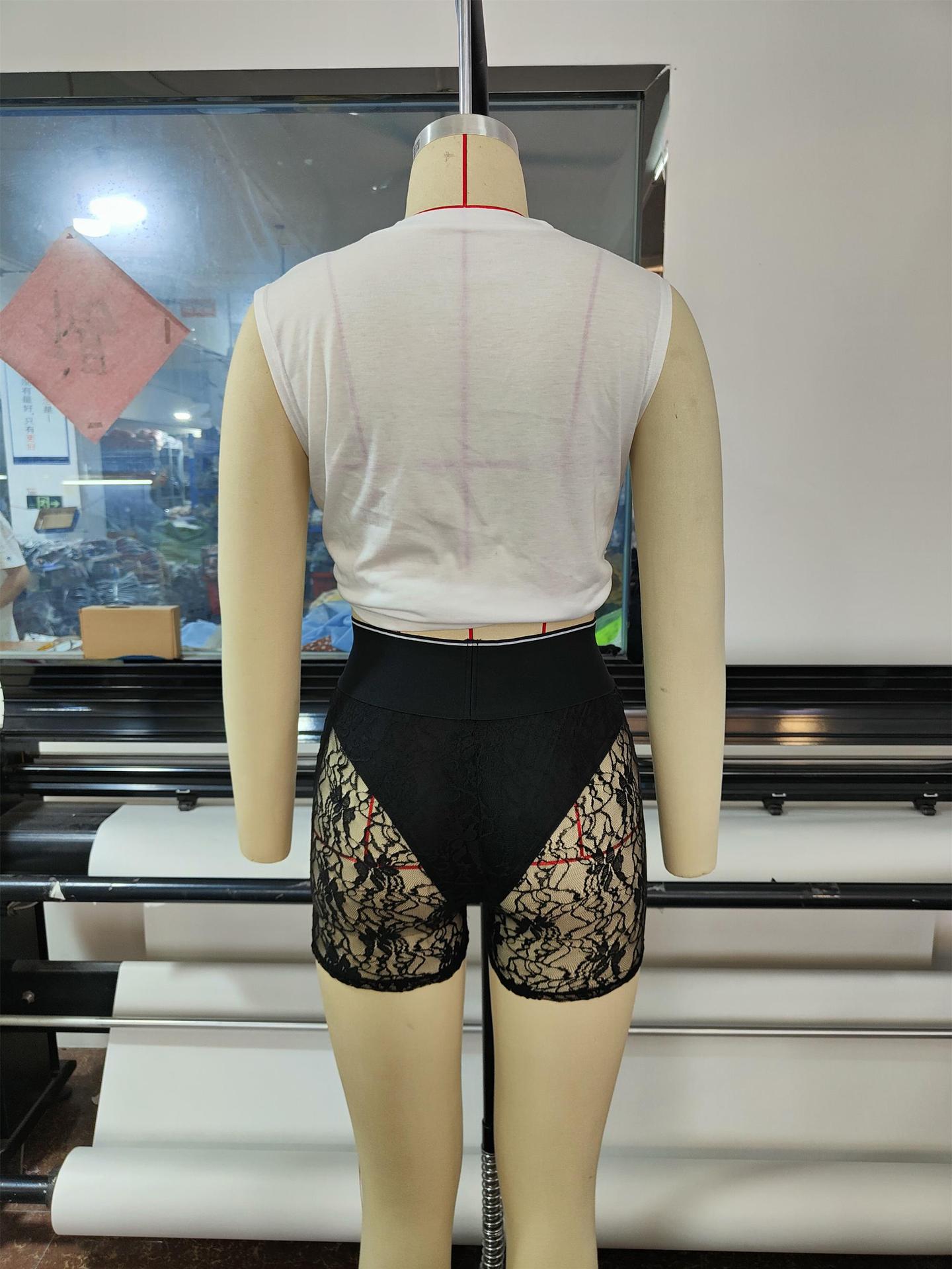 Women'S Irregular Slit Letter Print Top Lace See-Through Shorts Two Piece Set 9