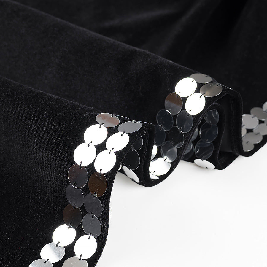 Women's Fashionable Round Neck Padded Shoulder High Slit Open Waist Black Long Dress 11