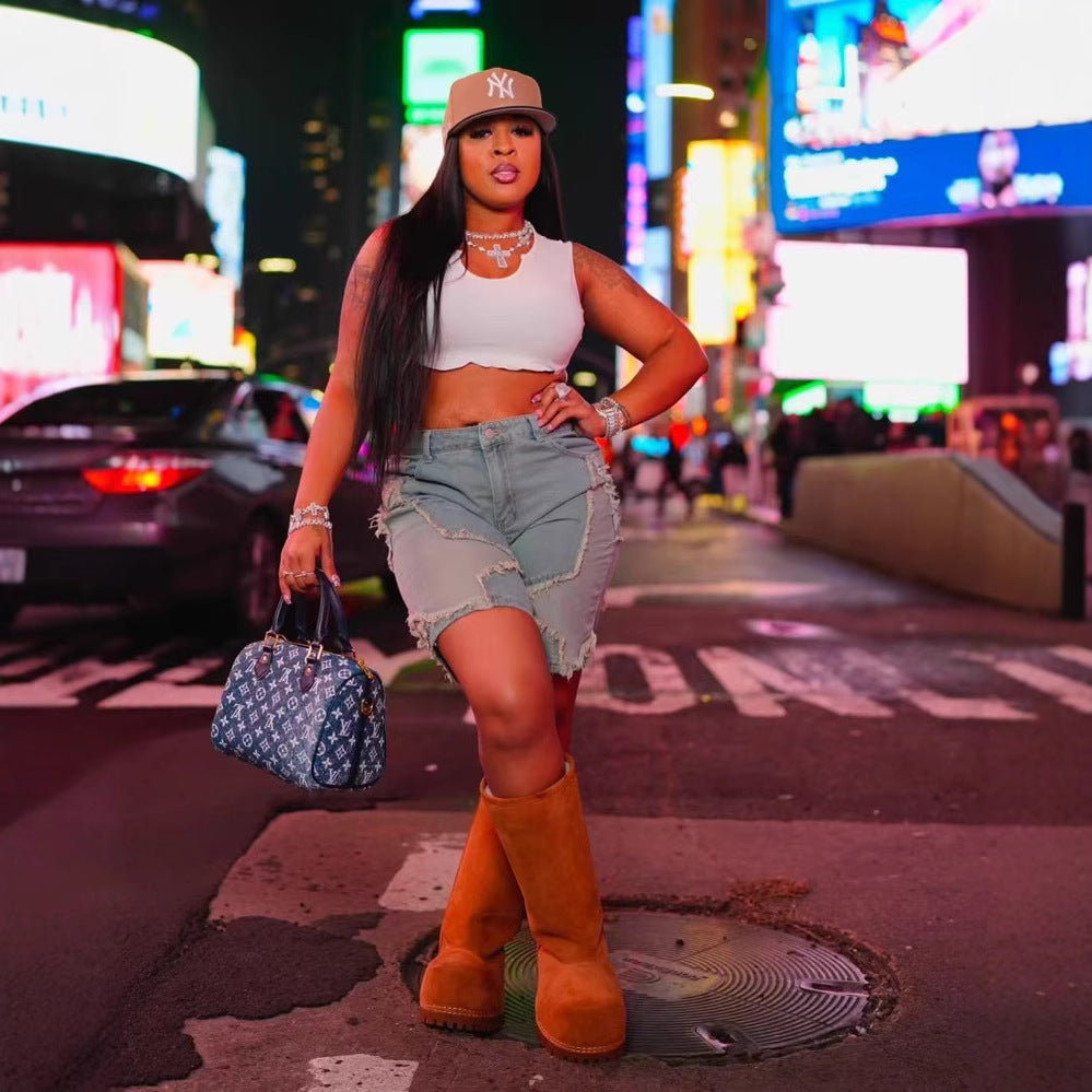 Women summer star tassel raw edge loose Denim Shorts 4