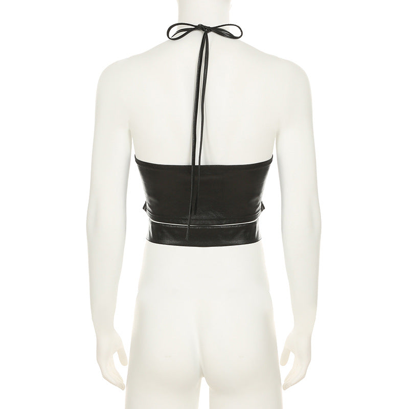 Punk Sexy Leather V-Neck Strap Vest Top Hollow Pin Buckle Adjustable Skirt Set 15