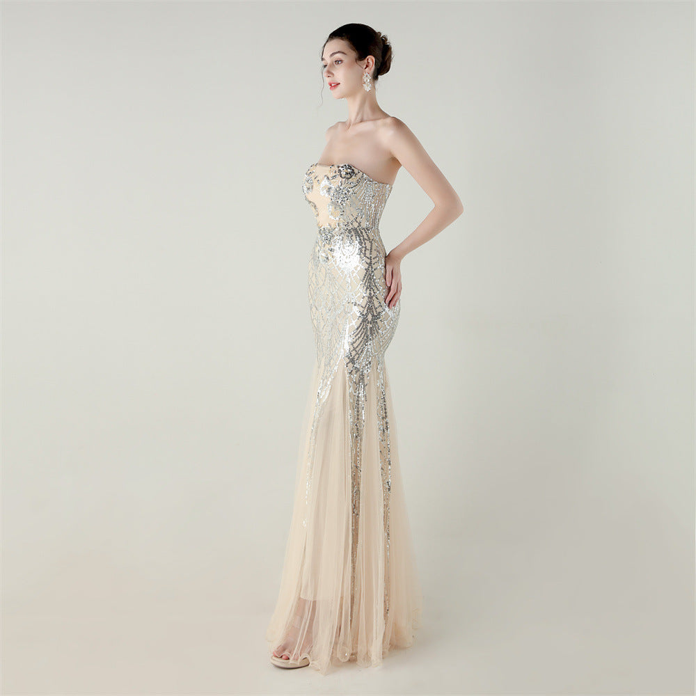 Women Strapless cross Lace-Up sequined tube flower sequined mesh evening dress Formal Party evening dress 27