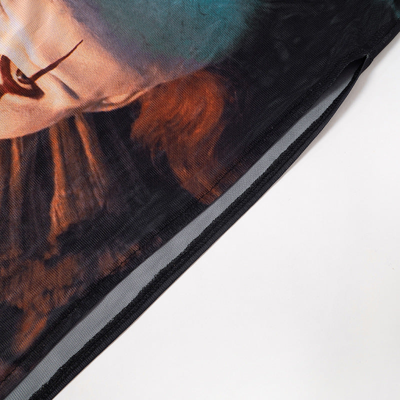 Women American Printed Mesh Long Sleeve Round Neck Dress 15