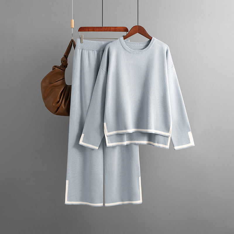 Autumn And Winter Chic Contrast Color Split Long Sleeve Knitting Top High Waist Wide Leg Pants Two-Piece Set 14